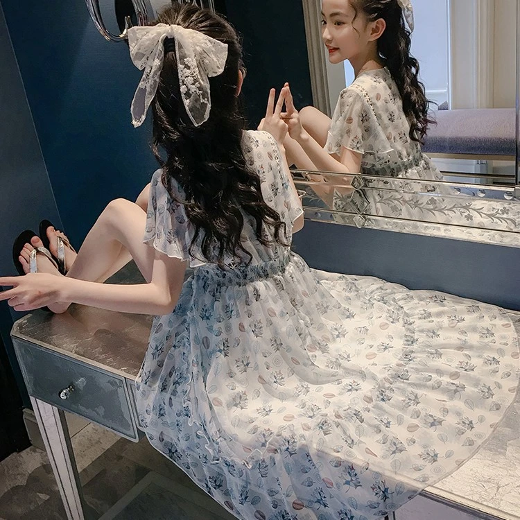 【蓝鲸鱼】女童连衣裙夏季新款雪纺碎花公主裙2025中大童洋气长裙