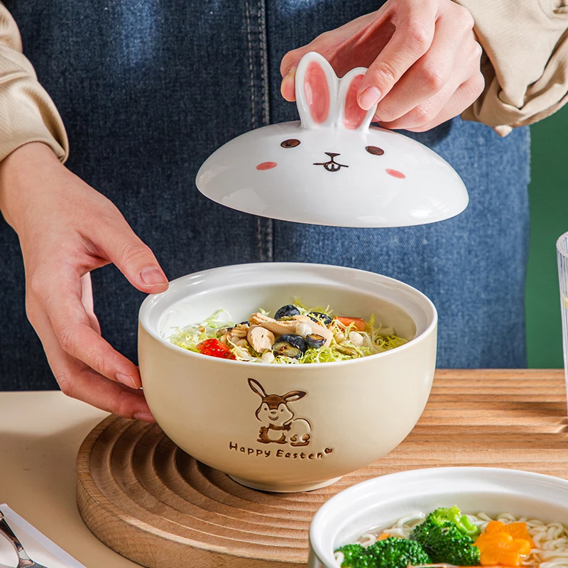 兔子泡面碗带盖可爱吃饭碗学生宿舍专用个性餐具家用陶瓷碗儿童碗