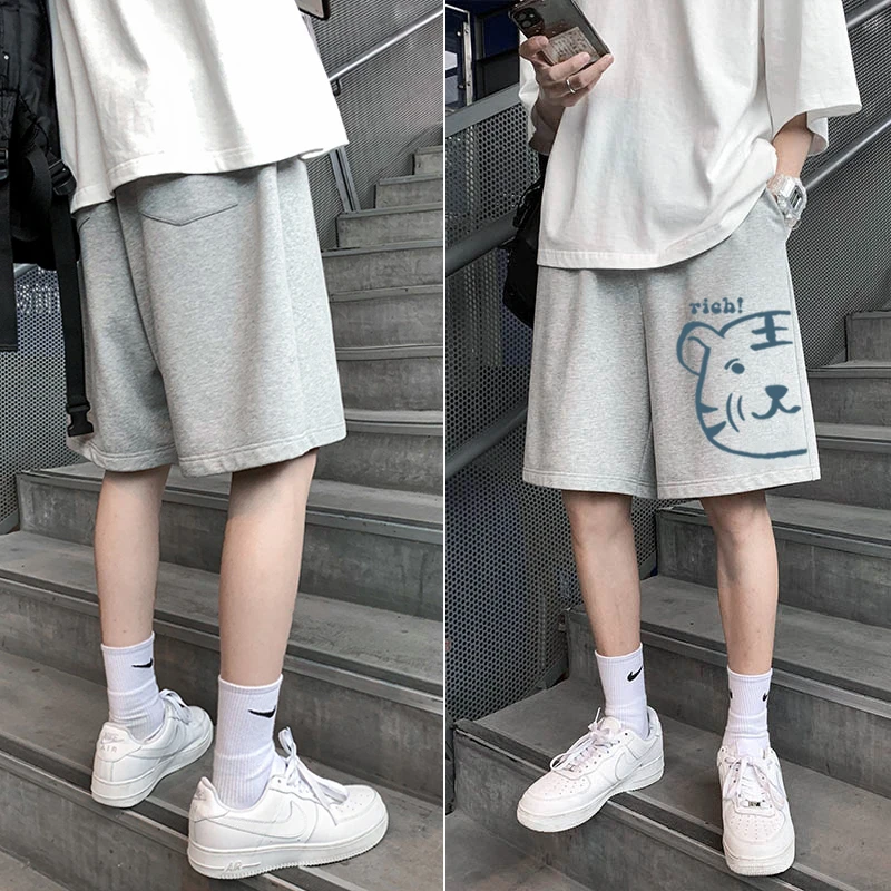 趣味老虎印花~直筒宽松短裤夏季外穿薄款运动裤ins港风休闲篮球裤
