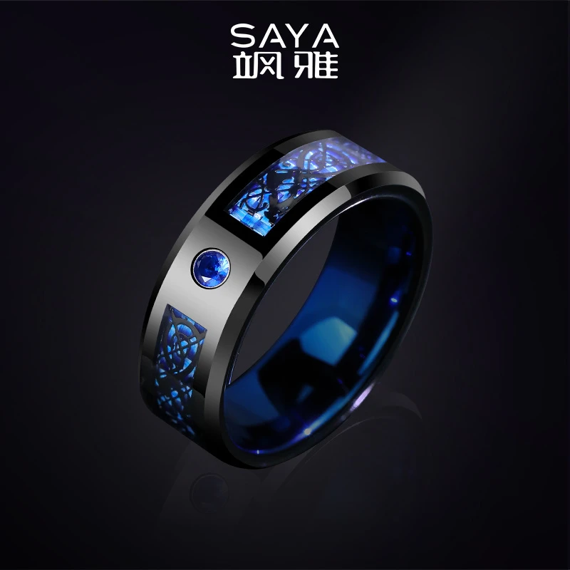 飒雅 钨合金合成锆石戒指 男士小众生肖戒指克莱因蓝个性男戒J202