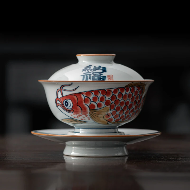 微瑕手工手绘金龙鱼盖碗老陶泥釉下彩功夫茶具单个三才泡茶碗