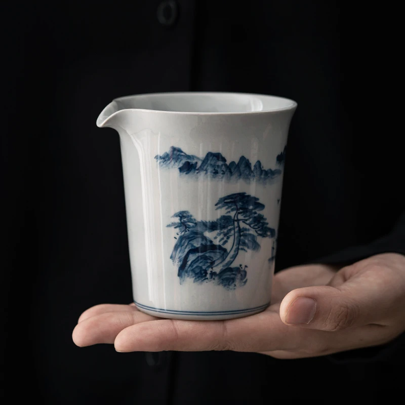 微瑕陶瓷公道杯手绘青花山水老陶泥分茶器匀杯手工功夫茶具茶道