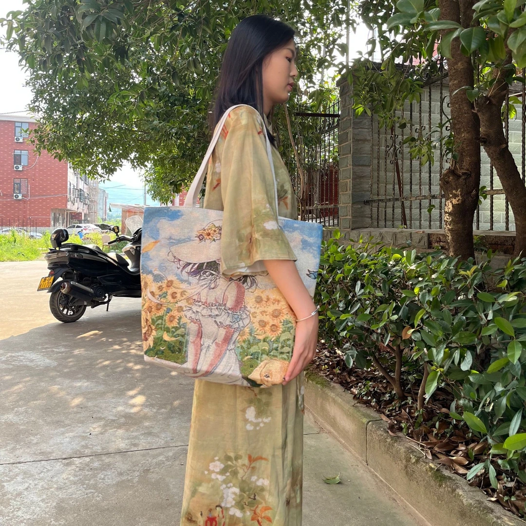 新款加金丝线双面绣花向日葵美女图案女士单肩包文艺帆布手提包