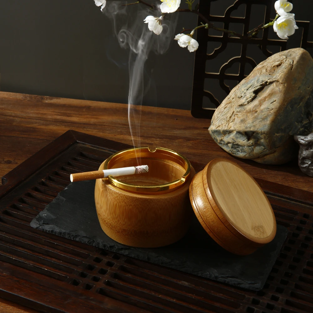 家用复古烟灰缸无盖竹木防风鼓型个性烟缸简约现代摆件装饰直筒型