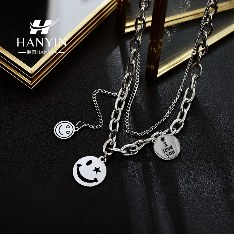 HANYIN/韩茵 钛钢项链 时尚卫衣链双层叠戴笑脸吊坠带流苏个性ins