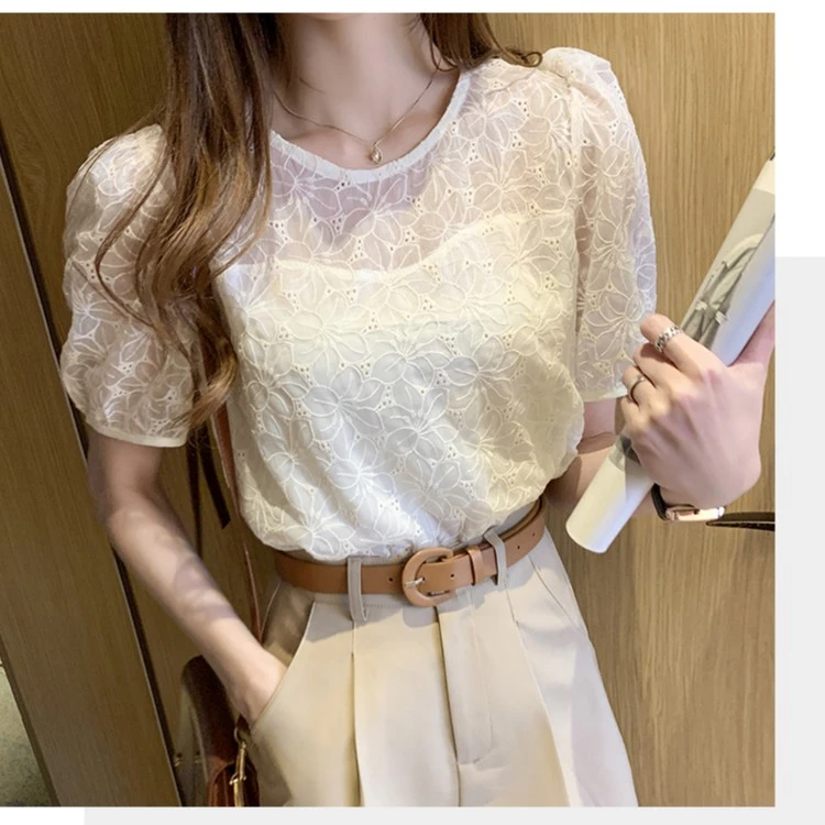 2025镂空圆领蕾丝T恤女夏季新款时尚泡泡袖绣花上衣洋气小衫百搭