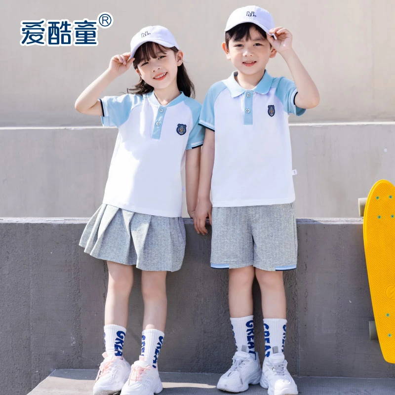 蓝色男女童短袖运动套装学院风高品质小学生班服园服舒适