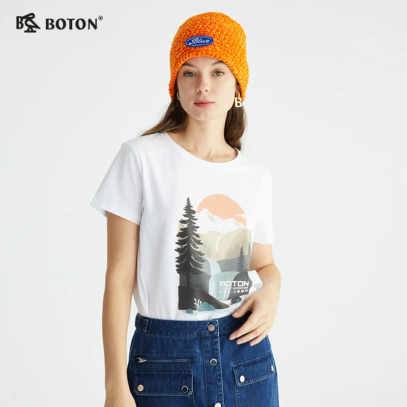 Boton/波顿夏季印花白色圆领t恤女短袖宽松百搭ins潮设计感上衣