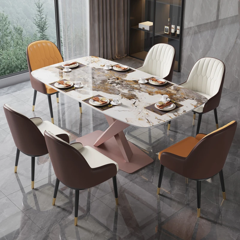 意式长方形亮光岩板餐桌椅组合家用现代简约小户型高端轻奢方桌