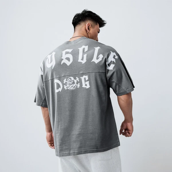 肌肉狗 潮牌欧美宽松半袖落肩大字母健身衣服训练服运动短袖T恤男