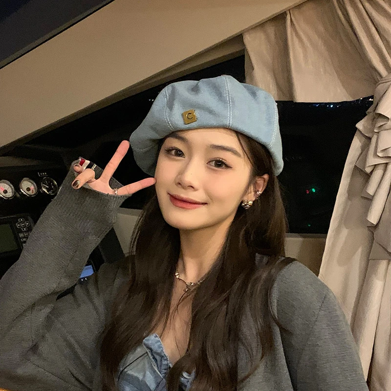 甸想西本适合大头围牛仔贝雷帽情侣女圆脸韩版字母牛仔蓝帽子女
