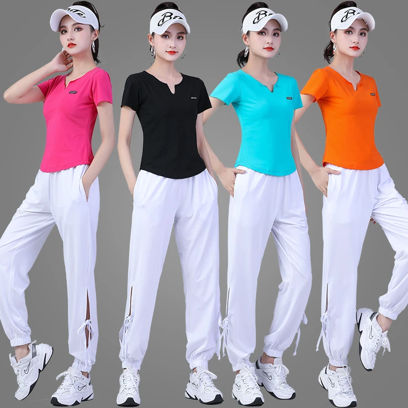 广场舞服装新款跳舞运动套装女棉短袖套装女夏季健身套装老年人