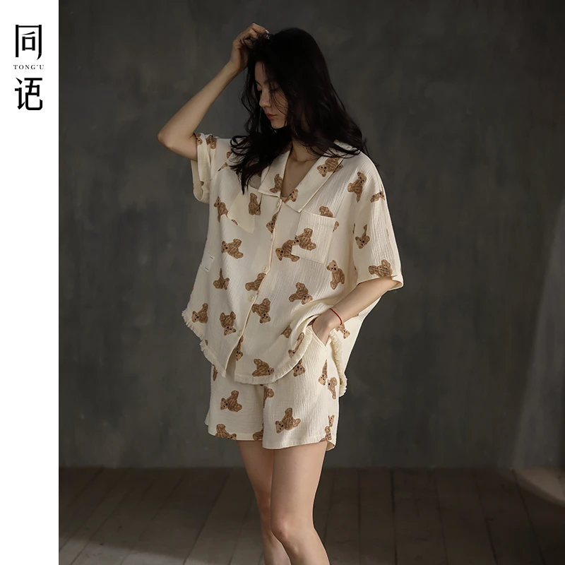 同语2023新款卡通小熊睡衣女夏天梭织纯棉短袖薄款家居服夏季套装