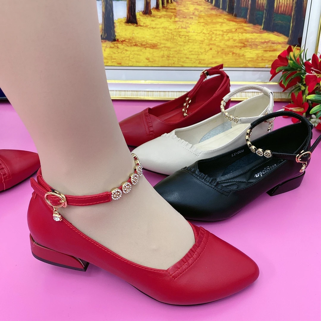 升级新款2-4厘米粗跟一字脚链软底花边舒适百搭女单鞋