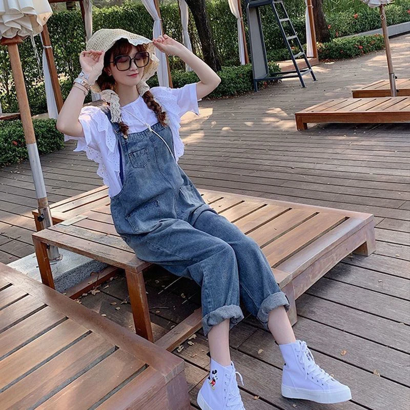 洋气减龄显瘦牛仔背带裤女2025新款韩版宽松春秋季网红九分吊带裤