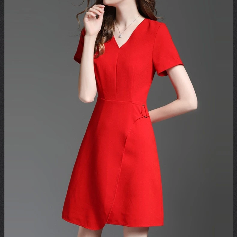 芭时俪夏装新款淑女中腰修身中裙A字裙短袖纯色气质连衣裙女