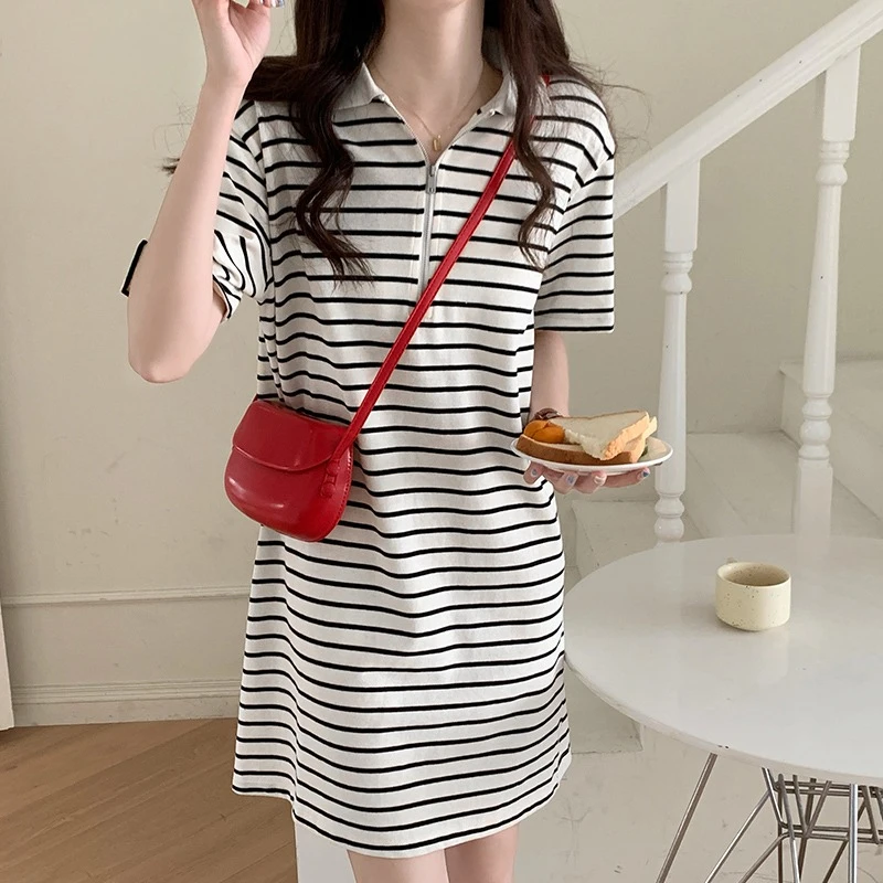 孕妇装夏季新款时尚POLO领条纹拉链短袖宽松孕妇连衣裙中长款T恤