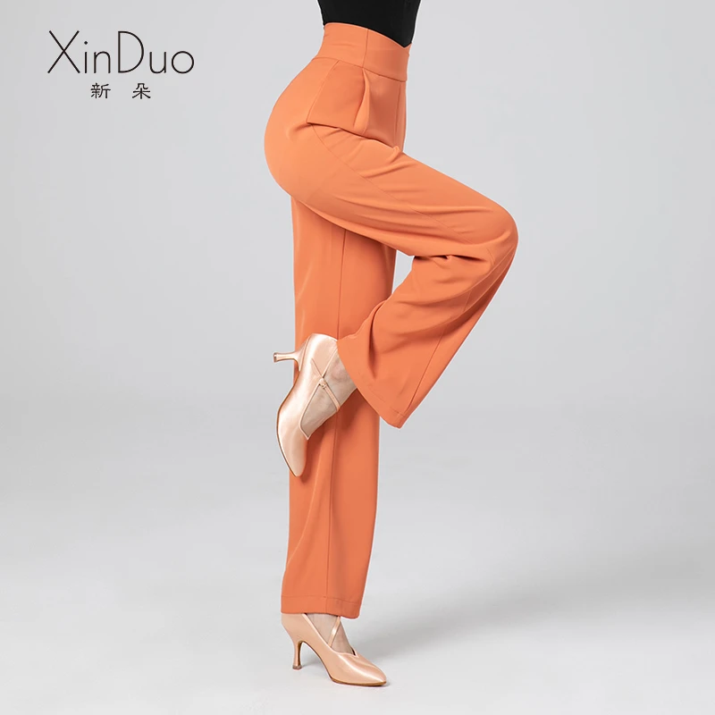新朵高端摩登舞裤子女秋季薄款高腰国标舞阔腿裤子拉丁舞练功长裤