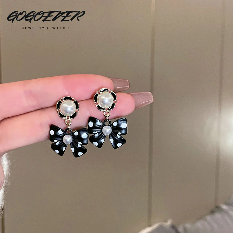 gogoever 合金仿珍珠耳饰 淑女气质黑色蝴蝶结波点耳环