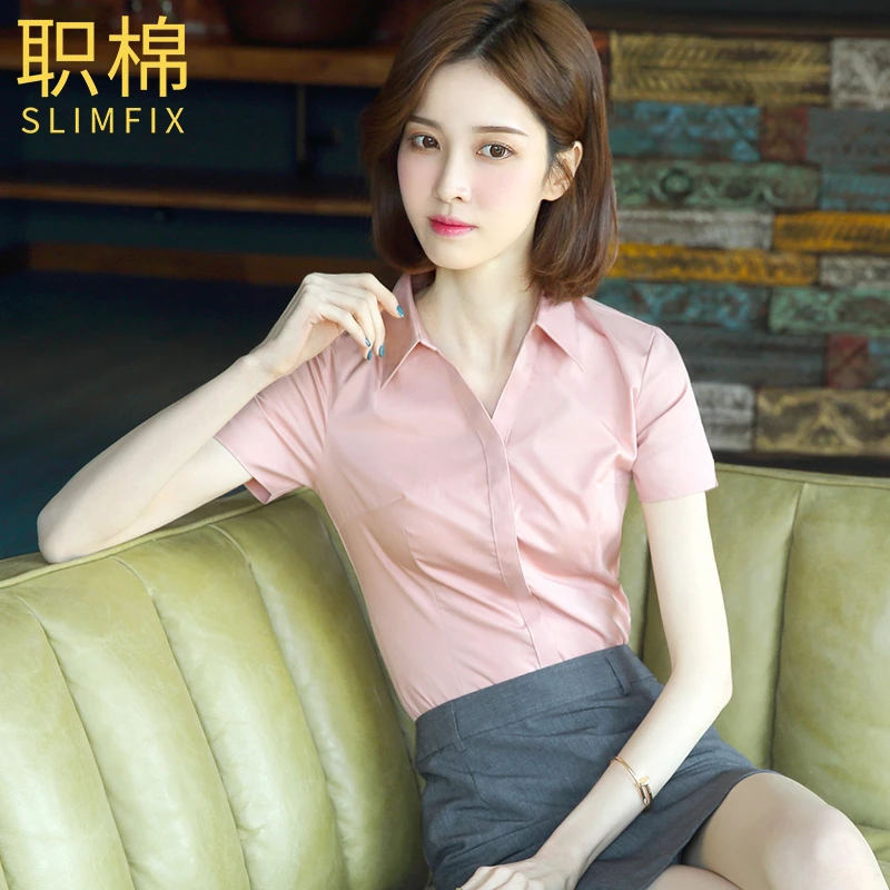职棉免烫抗皱V领短袖白色职业衬衫女工装工作服面试白衬衣夏前台