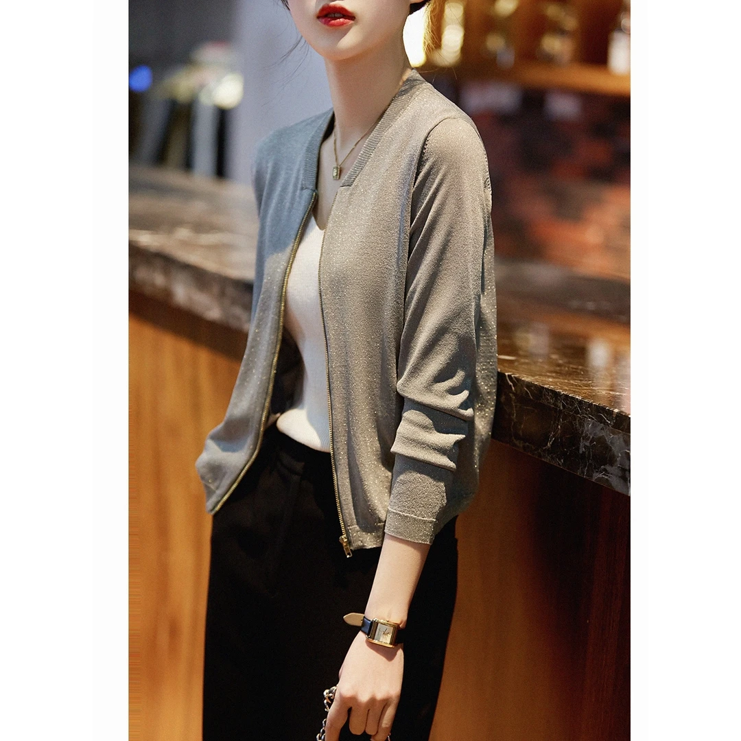 SS6146轻薄透气 细闪亮丝立领长袖 拉链针织小开衫外套女春