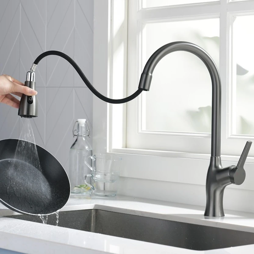 新款美人鱼厨房菜盆三档带刮洗冷热水龙头旋转抽拉枪灰工艺