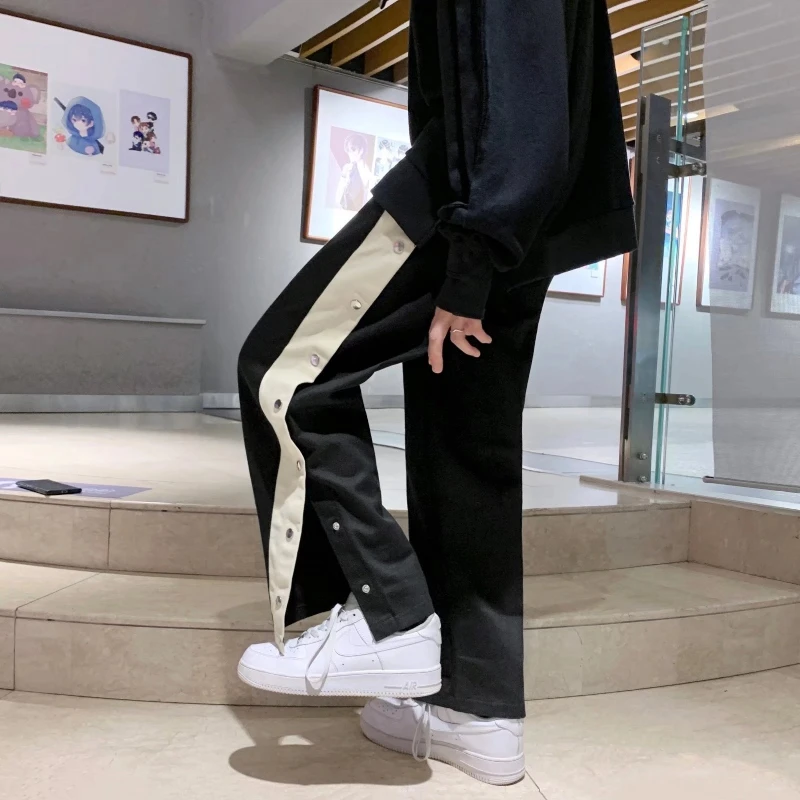 男士排扣裤男篮球训练束脚裤侧扣休闲全开扣春秋季宽松设计感裤子