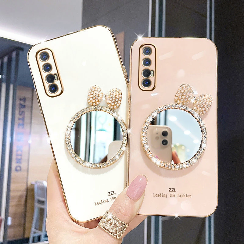 新款OPPOReno3Pro手机壳reno3pro闪钻蝴蝶结补妆镜电镀防摔女软壳