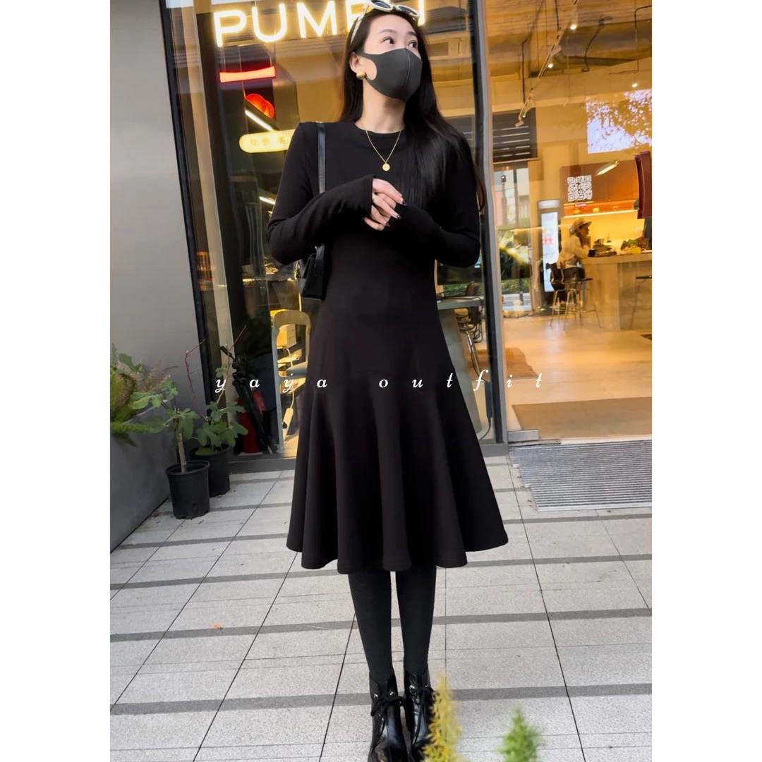 [断码清仓]WINTER DRESS冬裙系列女士秋冬加绒拼片修身连衣裙38