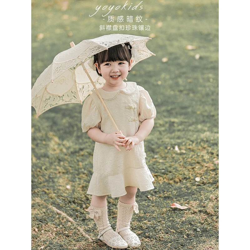 清 幼悠国风盘扣质感夏装公主复古纯色洋气花朵珍珠旗袍裙 X2737