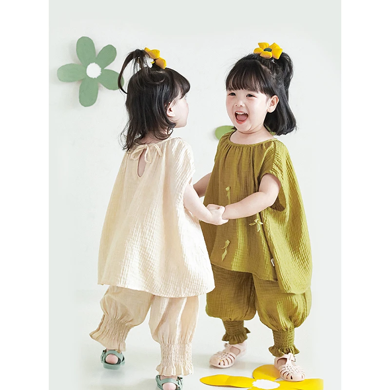 清 幼悠潮流时尚洋气百搭夏季女童清新柔软双层压皱廓形裤子X2862