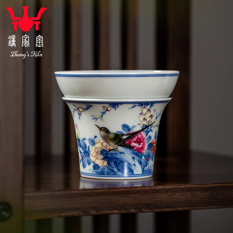 钟家窑陶瓷茶滤手绘柴窑青花斗彩国色天香花鸟茶漏