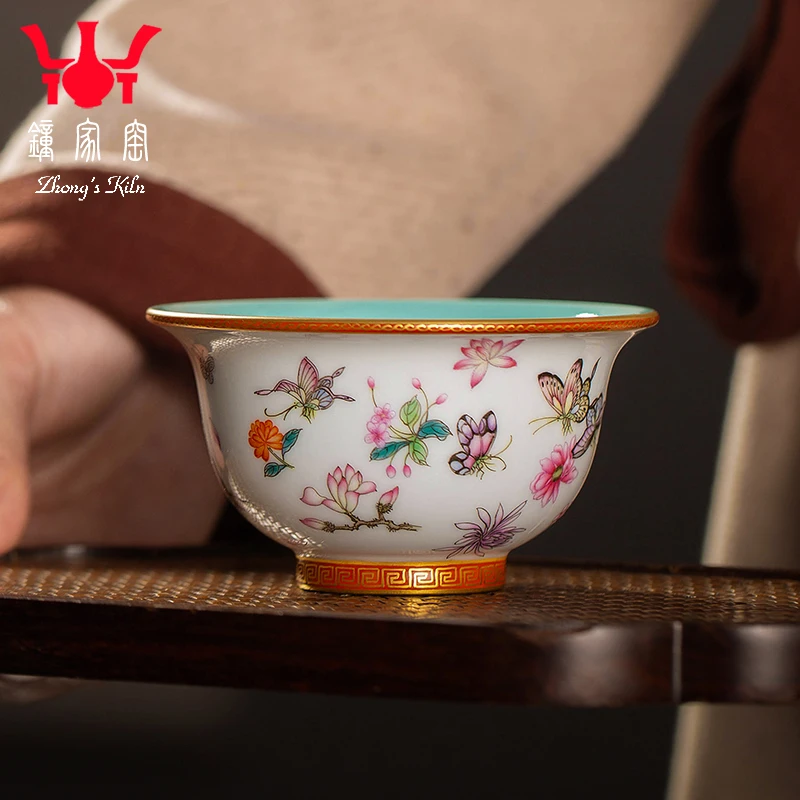 钟家窑陶瓷主人杯手绘珐琅彩松石绿百蝶花卉茶盏个人专用高档茶杯