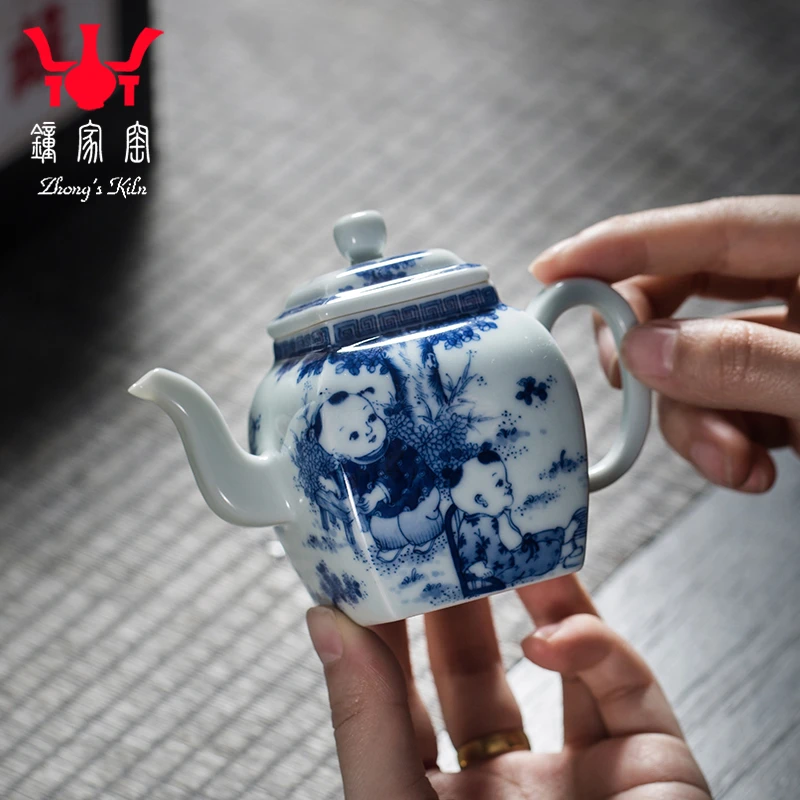 钟家窑陶瓷茶壶景德镇手工柴窑青花手绘人物童子功夫茶泡茶壶单壶