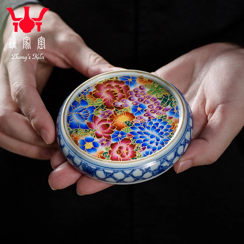 钟家窑盖置景德镇功夫茶具配件手绘掐丝珐琅彩缠枝花纹壶盖托杯垫