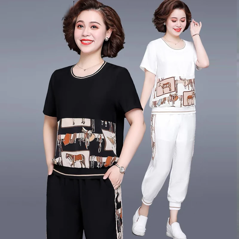 妈妈装春夏装运动服两件套中老年女装宽松裤子女士时尚休闲套装1