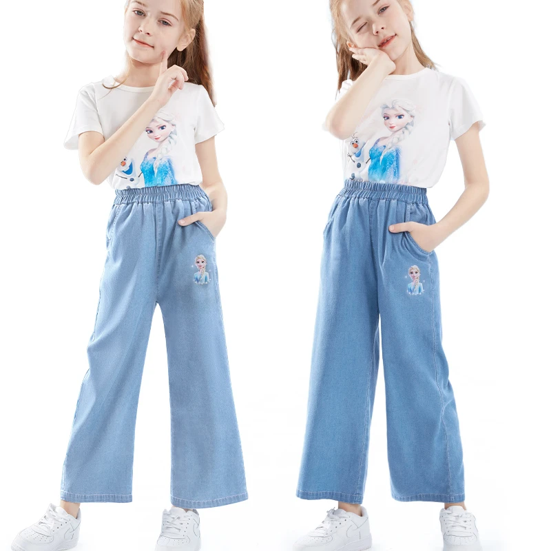 迪士尼女童天丝牛仔裤夏季薄款阔腿裤休闲裤中大童洋气外穿长裤