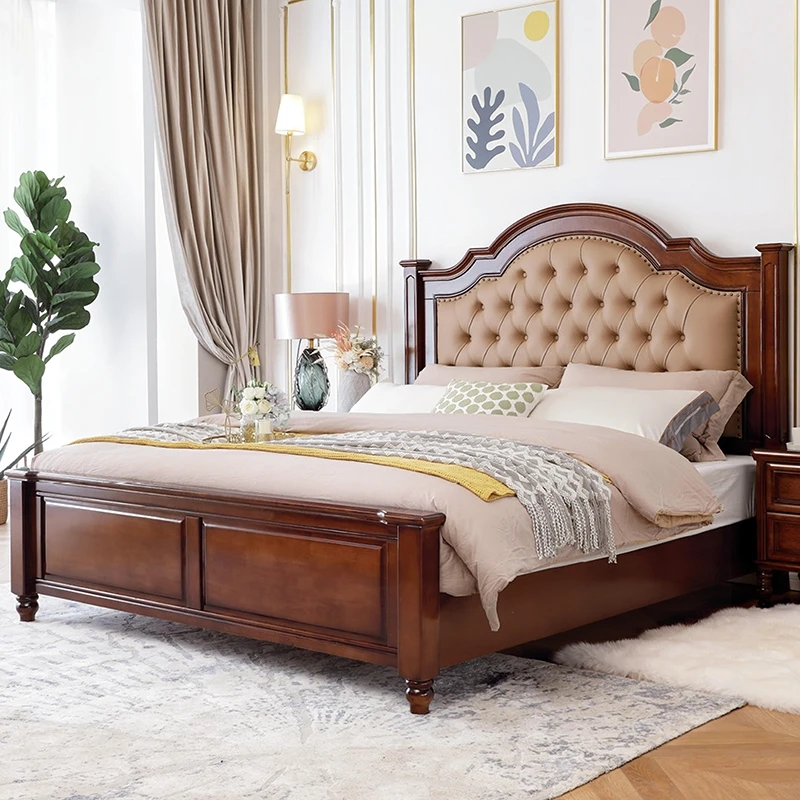 美式实木大床主次卧乡村简约现代家具1.8米双人床家用主卧室雕花