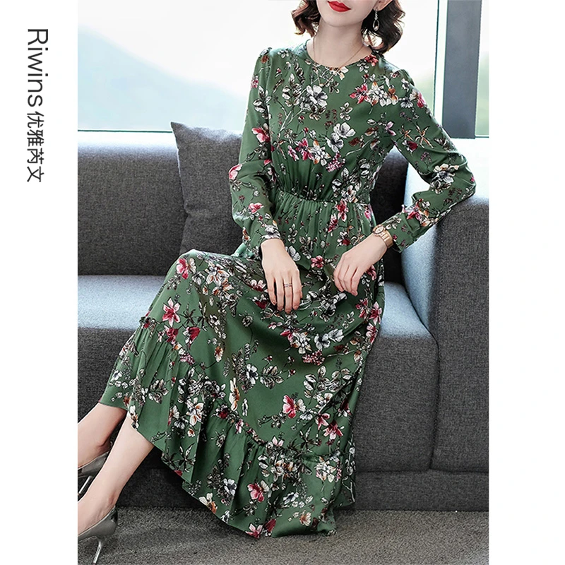 新款绿色碎花长袖收腰荷叶边连衣裙206044