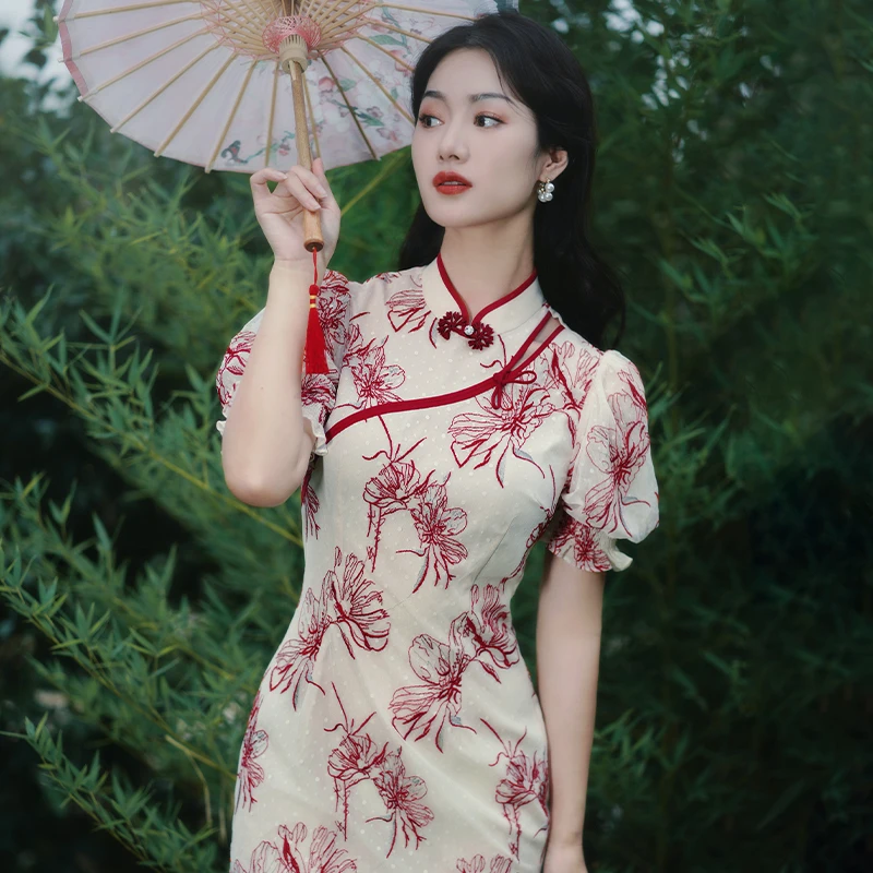 四美子合欢夏秋季刺绣蕾丝改良旗袍连衣裙中裙小个子原创国风新款