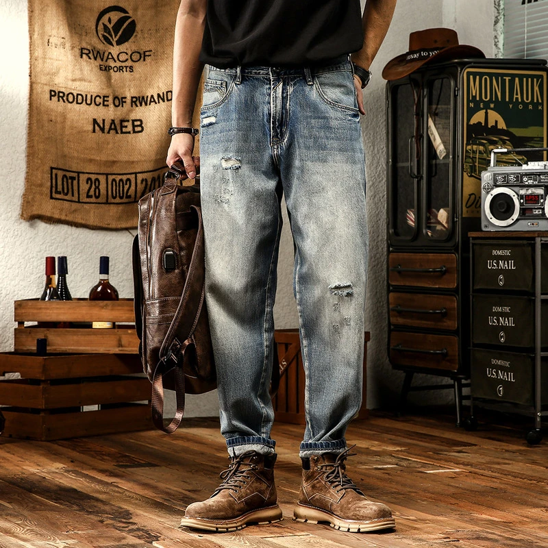 MR.MUDI/穆迪先生重磅做旧牛仔裤男夏季男士宽松直筒潮牌裤子男