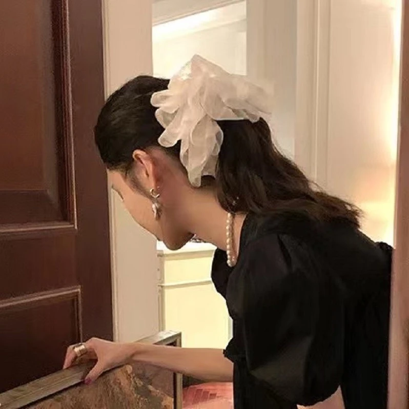 布艺发饰 新款网纱波点超仙少女马尾高级感蕾丝大发圈飘带气质