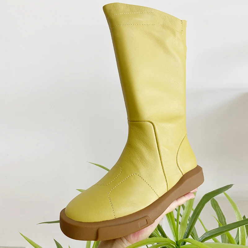 新款英式复古真皮黄色休闲靴女靴 舒适百搭漫咖啡色时装靴 中筒靴