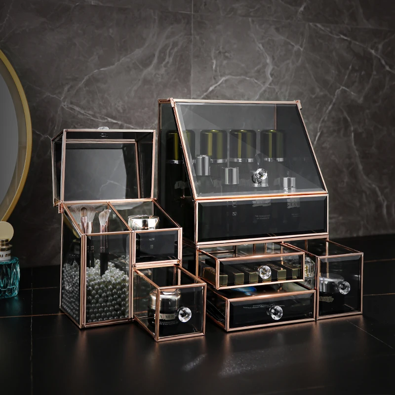 kaman玻璃化妆品收纳盒防尘桌面轻奢化妆箱梳妆台护肤品置物架