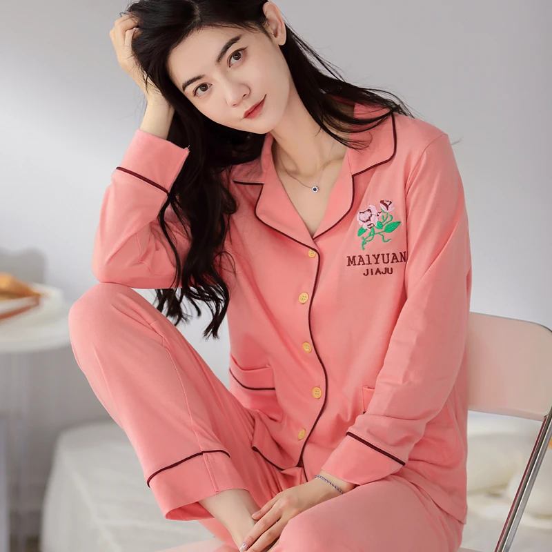 睡衣女士春秋季秋款秋天长袖纯棉家居服秋冬季薄款全棉加大码套装