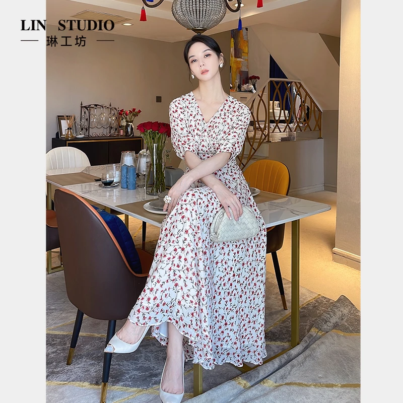 琳工坊朝雨法式女神雪纺碎花长裙夏季优雅女神气质裙子唐琳设计师
