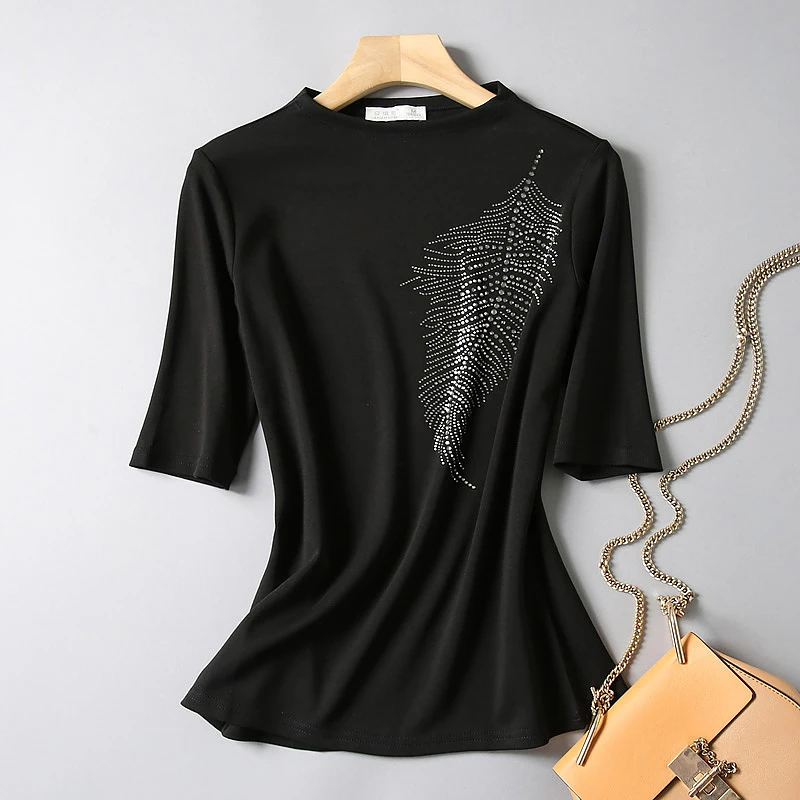 2024春季新款女打底衫中袖T恤半高领五分袖上衣显瘦体恤衫烫钻