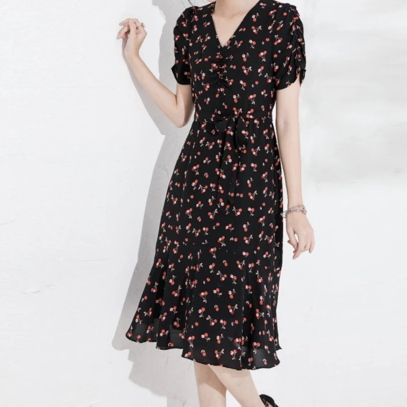 【诗菡服饰】夏季复古V领时尚碎花连衣裙优雅气质中长裙   15656