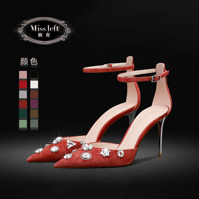 独女锆石西瓜红鹿皮细跟高跟鞋女2025夏新款气质尖头一字扣带凉鞋