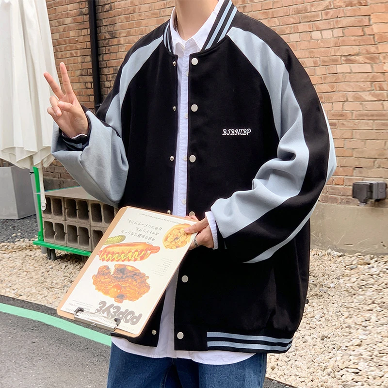 排扣拼接立领休闲百搭外套夹克宽松潮流韩版秋季长袖男士港风ins